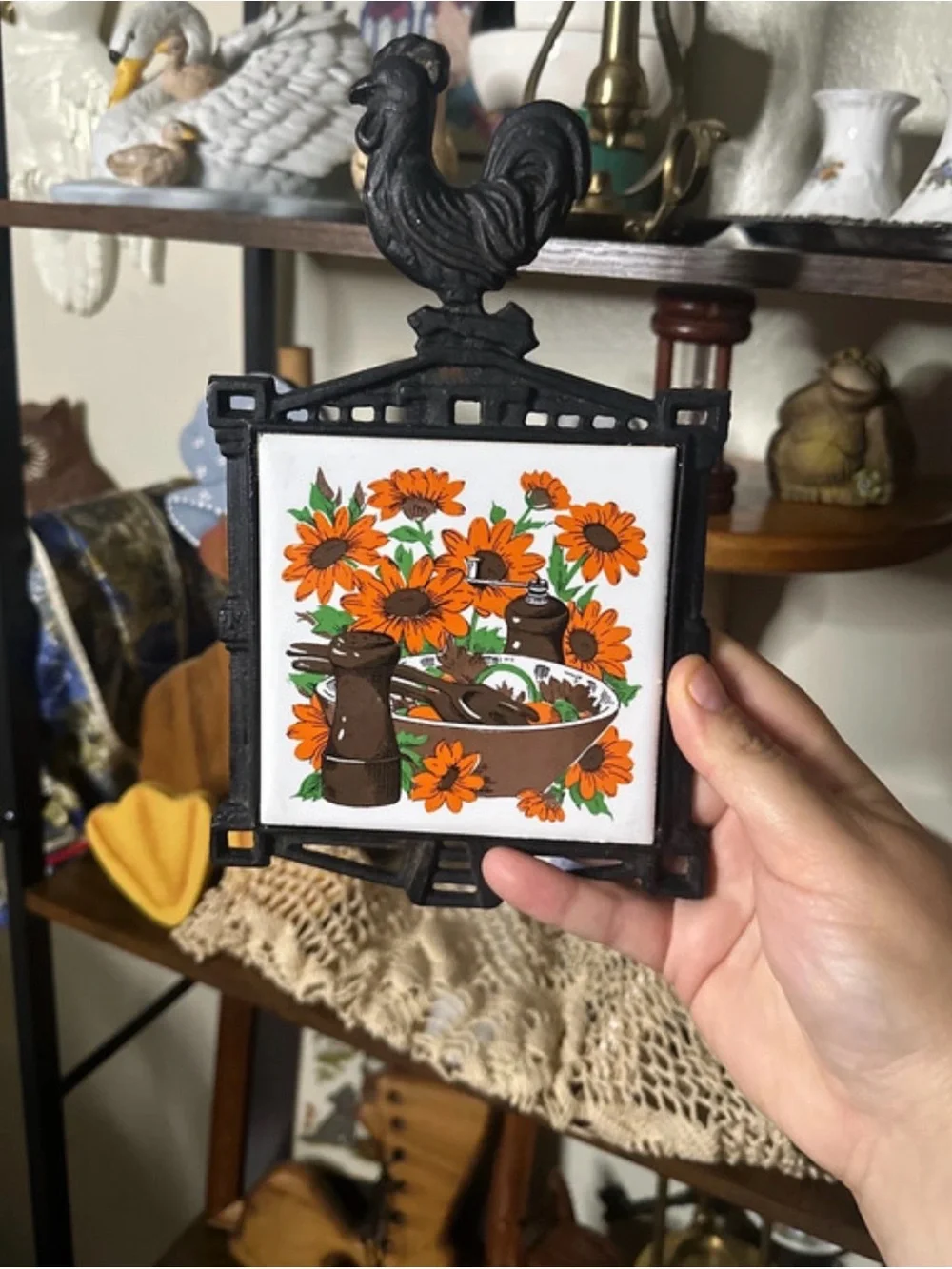 Vintage Floral Ceramic Tile Trivet with Rooster Top